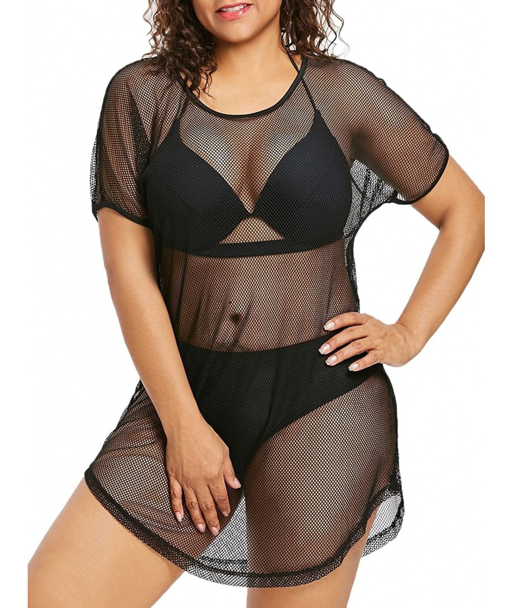 Cover-Ups Women's Hollow Out Fishnet Beach Dress Loose Swimwear Cover Ups Plus Size Nightdress - Black - C118GWO8USL $35.38