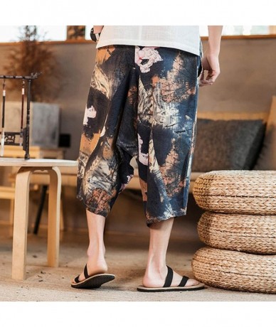 Rash Guards Men's Shorts Casual Cotton Linen Baggy Beach Shorts Vintage Floral Print Lightweight Capri Pants - Black - C518WI...