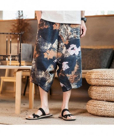 Rash Guards Men's Shorts Casual Cotton Linen Baggy Beach Shorts Vintage Floral Print Lightweight Capri Pants - Black - C518WI...