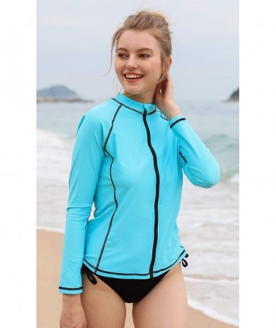 Rash Guards Women's Zip Front Long Sleeve Rash Guard Top Sun Protection Swim Shirt - Solid Aqua - CZ18NKHDZ6W $46.01