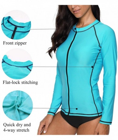 Rash Guards Women's Zip Front Long Sleeve Rash Guard Top Sun Protection Swim Shirt - Solid Aqua - CZ18NKHDZ6W $46.01