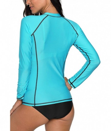 Rash Guards Women's Zip Front Long Sleeve Rash Guard Top Sun Protection Swim Shirt - Solid Aqua - CZ18NKHDZ6W $46.01