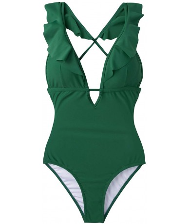 One-Pieces Women's Falbala One Piece Swimsuit Deep V Neck Monokini Swimsuit - Green - CF18R3ILHAI $58.46