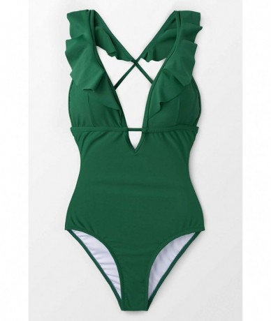 One-Pieces Women's Falbala One Piece Swimsuit Deep V Neck Monokini Swimsuit - Green - CF18R3ILHAI $58.46