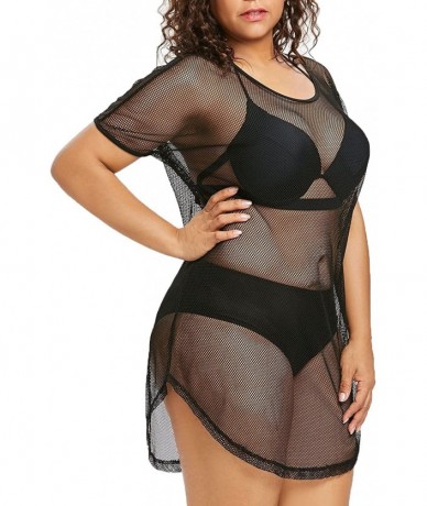 Cover-Ups Women's Hollow Out Fishnet Beach Dress Loose Swimwear Cover Ups Plus Size Nightdress - Black - C118GWO8USL $35.38