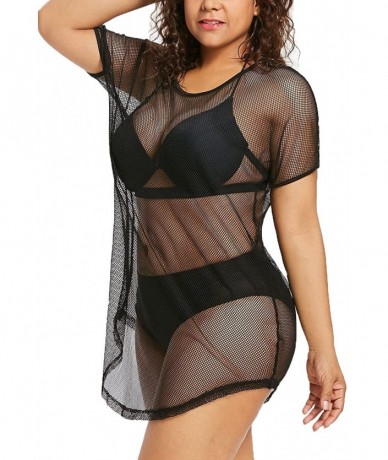 Cover-Ups Women's Hollow Out Fishnet Beach Dress Loose Swimwear Cover Ups Plus Size Nightdress - Black - C118GWO8USL $35.38