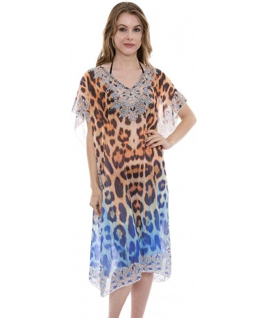 Cover-Ups Women's Summer Animal Print Topper/Cover-Up/Poncho Rhinestone Studded Outwear Beachwear - 3-5 - C7195Y9HACE $41.99