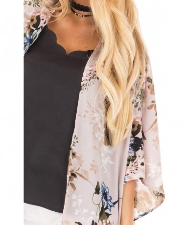 Cover-Ups Womens Kimono Cardigans Floral Print Chiffon Beach Cover ups Loose Casual Tops - Grey Pink - CL18A6AH6SR $28.40