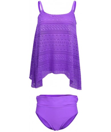 Tankinis Women's Lace Tankini Set Solid Color 2 Piece Bikini Swimsuit w/Briefs M-XXL - Purple - C8180SYAAKR $38.04