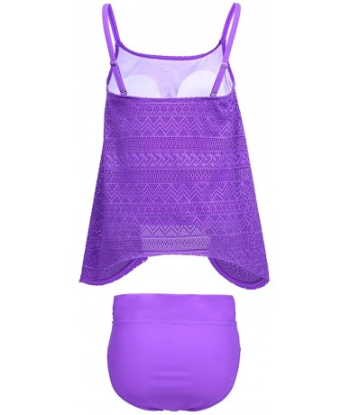 Tankinis Women's Lace Tankini Set Solid Color 2 Piece Bikini Swimsuit w/Briefs M-XXL - Purple - C8180SYAAKR $38.04