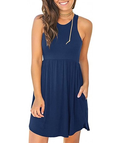 Cover-Ups Casual Round Neck Tunic Dress for Women with Pockets Summer Vest T Shirt Dresses Plain - Navy Blue - CE18GO9MMI7 $3...