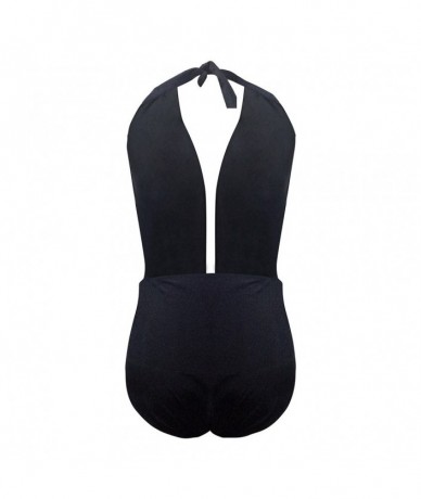 Sets Women's Plunge Halter Neck Backless Stretch Bodysuit Bikini Bathing Swimwear Black - Black - C418O8X3U4O $18.20