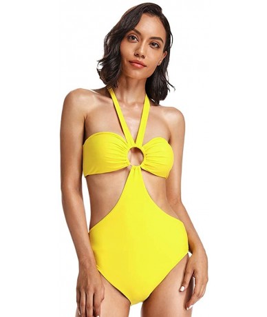 One-Pieces Women's Sexy Cut Out Bandeau One Piece Swimsuit Halter Tube Swimwear Bathing Suit - Primrose Yellow - C318RHMHDY2 ...