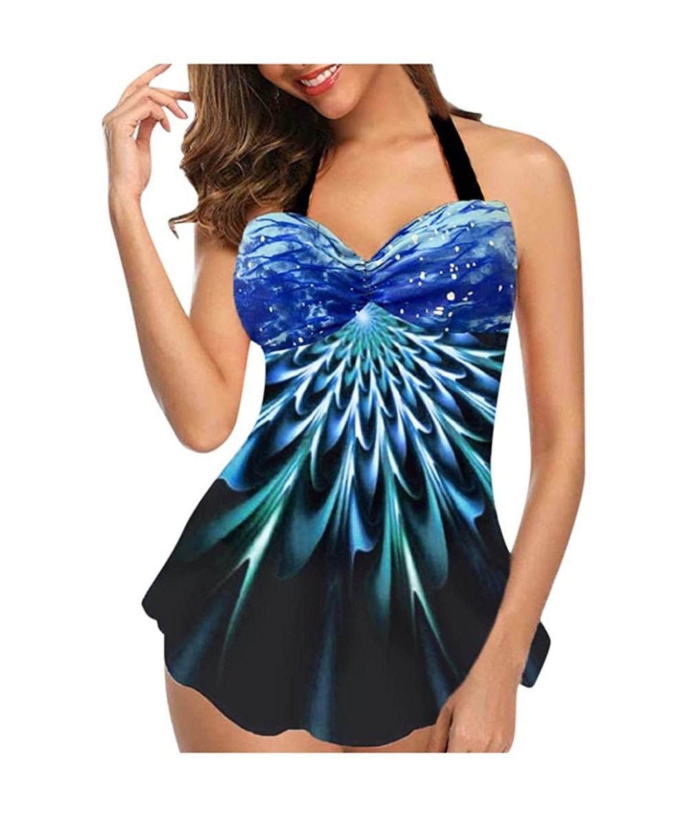 Tankinis Women Plus Size Conservative Printed Two-Piece Swimsuit Bra Tankini Top Swimdress Beachwear (S-5XL) - Blue 1 - CE196...