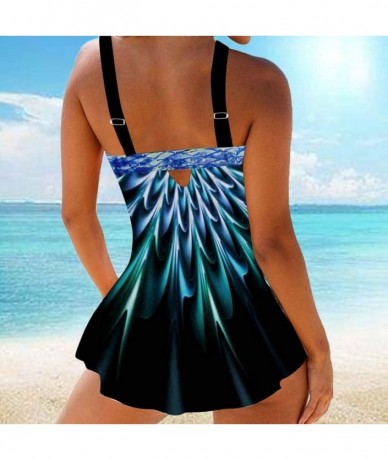 Tankinis Women Plus Size Conservative Printed Two-Piece Swimsuit Bra Tankini Top Swimdress Beachwear (S-5XL) - Blue 1 - CE196...