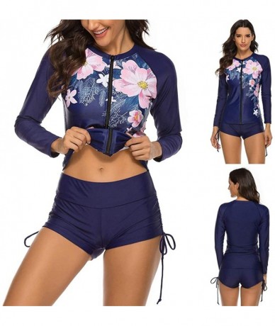 Board Shorts Womens Long Sleeve Rashguard Swimsuit Sport Swimwear Tankini Set - Blue2 - C9196D7L6O6 $43.84