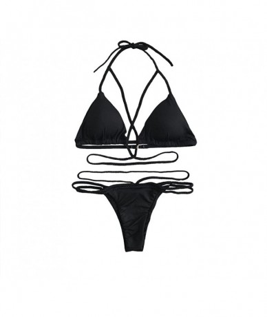 Sets Women Lace-up Buckle Two Pieces Halter Bikini Swimwear - Black - CR18U72XD67 $27.38