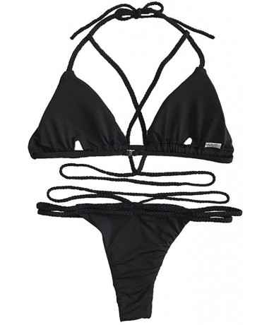 Sets Women Lace-up Buckle Two Pieces Halter Bikini Swimwear - Black - CR18U72XD67 $27.38