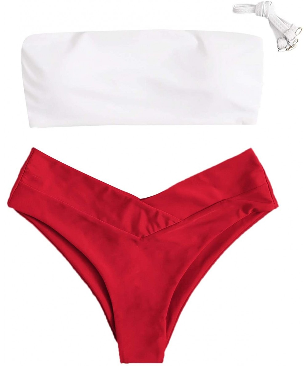 Bottoms Women 2 Pieces Off Shoulder Push Up Bandeau High Waist High Cut Swimsuit Bikini Set - Red - CT194K7W39A $42.73