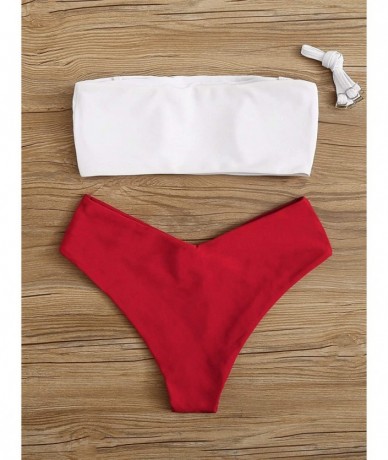 Bottoms Women 2 Pieces Off Shoulder Push Up Bandeau High Waist High Cut Swimsuit Bikini Set - Red - CT194K7W39A $42.73