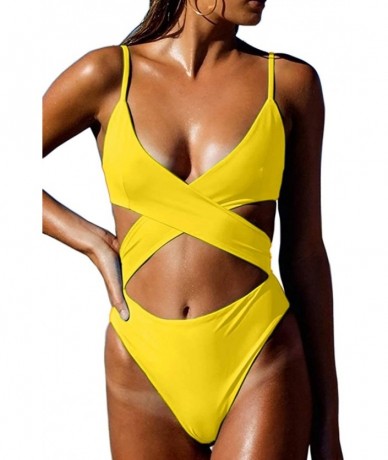 Sets Women's Sexy Criss Cross High Waisted Cut Out One Piece Monokini Swimsuit - Yellow - CV18RQT72TG $45.21