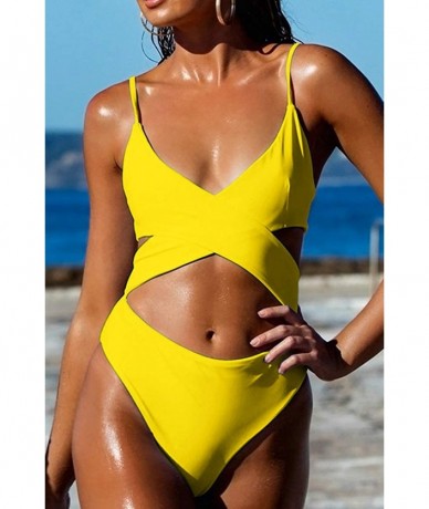 Sets Women's Sexy Criss Cross High Waisted Cut Out One Piece Monokini Swimsuit - Yellow - CV18RQT72TG $45.21