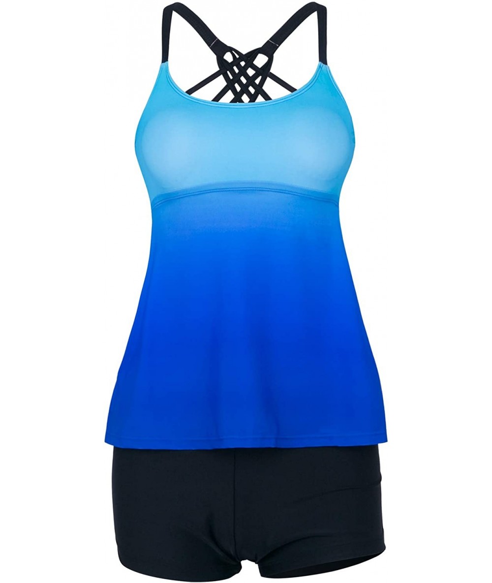 Sets Womens Swimsuit Criss Cross Tankini Boyshort Color Block Two Piece Bathing Suit S-XXXXL - Blue 2 - CQ18QKRHOG3 $49.57