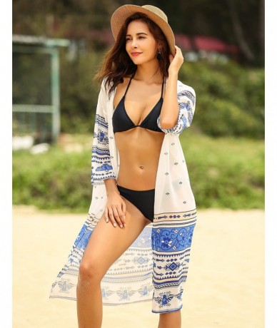 Cover-Ups Women's Beach Cover Up Swimsuit Boho Kimono Cardigan Loose Chiffon Beach Dress - A_white&blue - CB189YWG4G7 $31.92