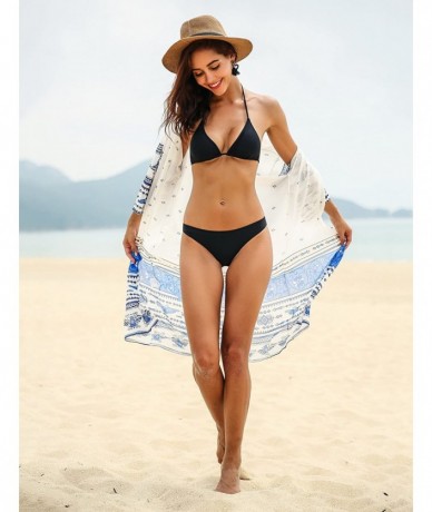 Cover-Ups Women's Beach Cover Up Swimsuit Boho Kimono Cardigan Loose Chiffon Beach Dress - A_white&blue - CB189YWG4G7 $31.92