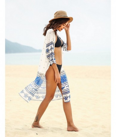 Cover-Ups Women's Beach Cover Up Swimsuit Boho Kimono Cardigan Loose Chiffon Beach Dress - A_white&blue - CB189YWG4G7 $31.92