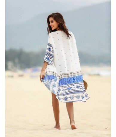 Cover-Ups Women's Beach Cover Up Swimsuit Boho Kimono Cardigan Loose Chiffon Beach Dress - A_white&blue - CB189YWG4G7 $31.92