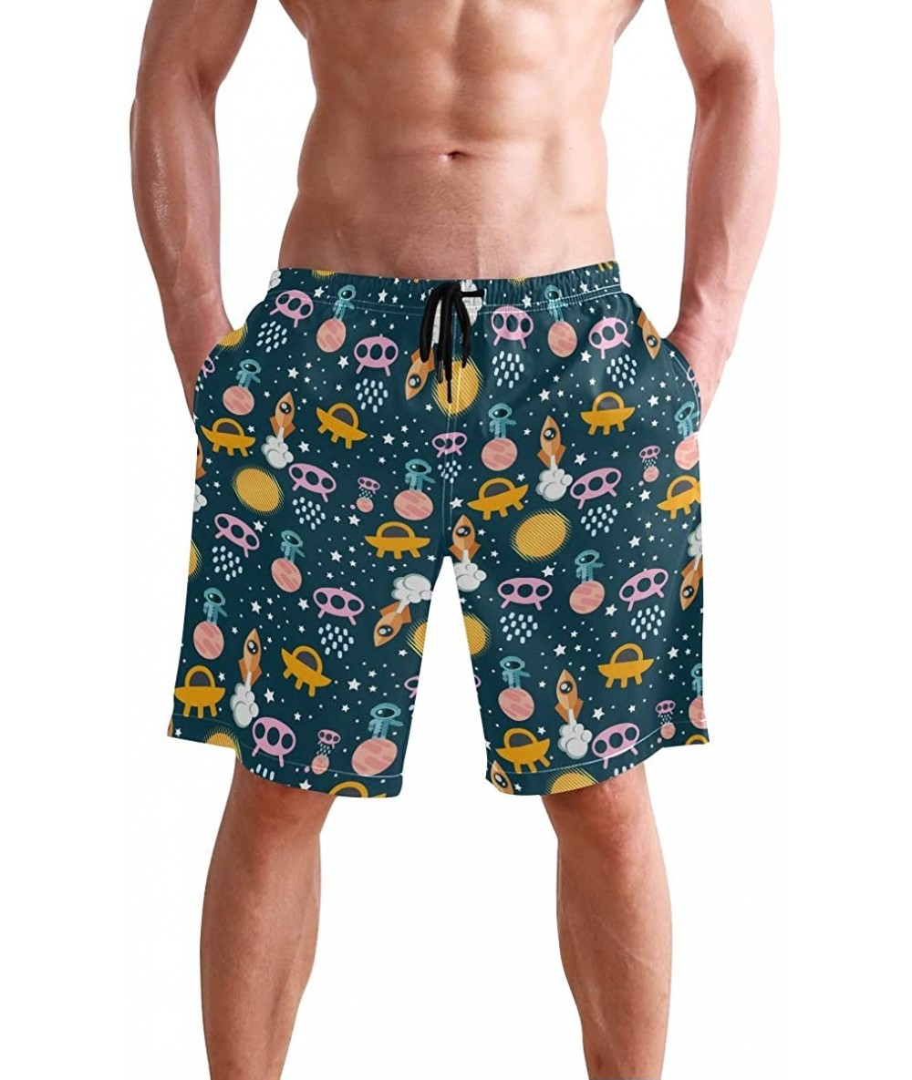 Racing Men's Swim Trunks Christmas Plaid Painting Quick Dry Beach Board Shorts with Pockets - Cute Aliens and Rocket - CC18QS...