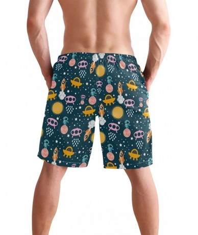 Racing Men's Swim Trunks Christmas Plaid Painting Quick Dry Beach Board Shorts with Pockets - Cute Aliens and Rocket - CC18QS...