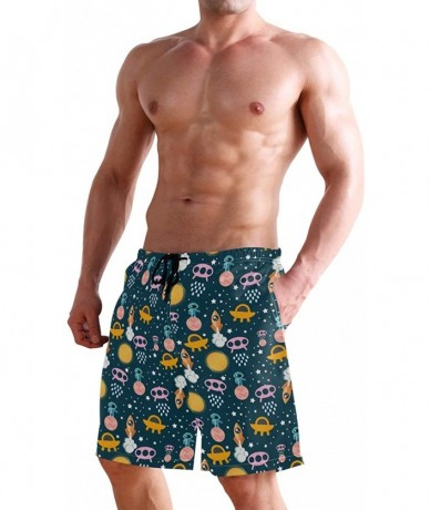 Racing Men's Swim Trunks Christmas Plaid Painting Quick Dry Beach Board Shorts with Pockets - Cute Aliens and Rocket - CC18QS...