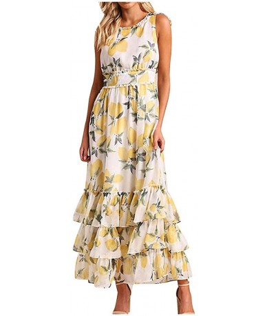 Cover-Ups Womens Off Shoulder Maxi Dresses Yellow Lemon Print Low High Hem Ruffle Dress Slash Neck Summer Casual Dress Pocket...