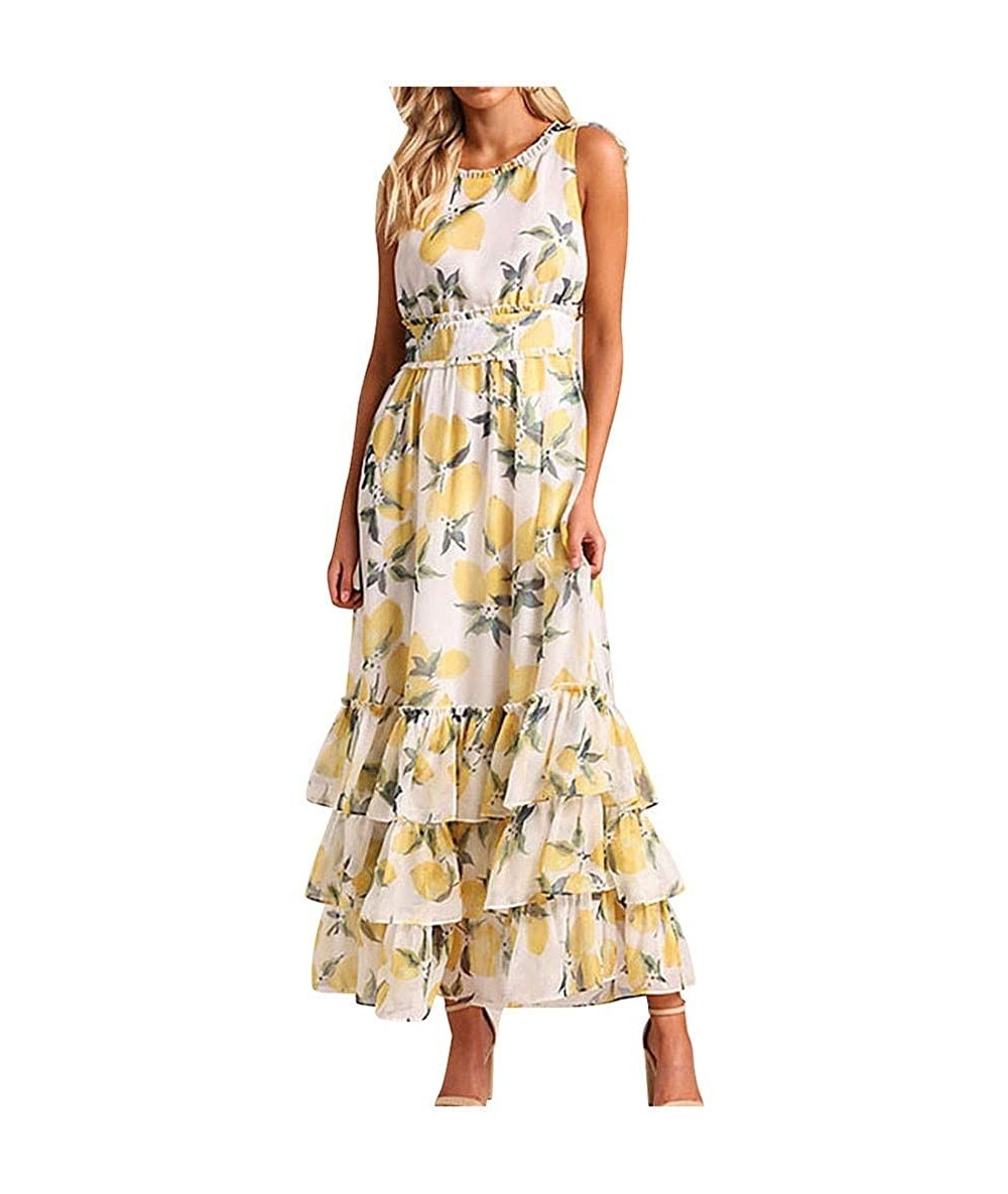 Cover-Ups Womens Off Shoulder Maxi Dresses Yellow Lemon Print Low High Hem Ruffle Dress Slash Neck Summer Casual Dress Pocket...