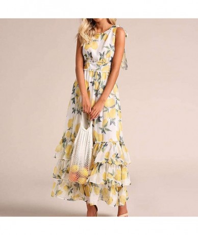 Cover-Ups Womens Off Shoulder Maxi Dresses Yellow Lemon Print Low High Hem Ruffle Dress Slash Neck Summer Casual Dress Pocket...