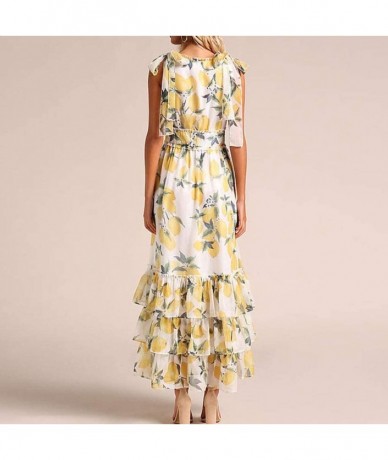 Cover-Ups Womens Off Shoulder Maxi Dresses Yellow Lemon Print Low High Hem Ruffle Dress Slash Neck Summer Casual Dress Pocket...