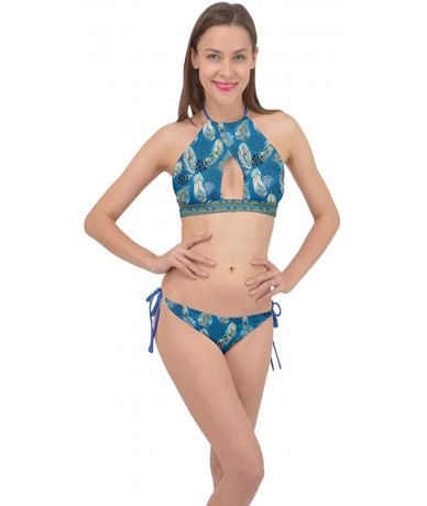 Racing Womens Bathing Suit Vintage Aztec Indigo Floral Cross Front Halter Bikini Set- XS-3XL - Blue Feather - C218TM0IK27 $47.22