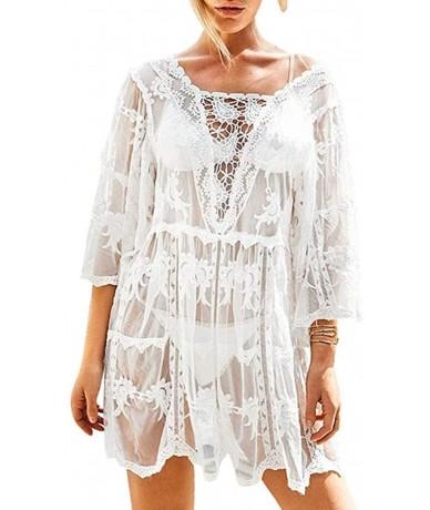 Cover-Ups Women Sexy Sheer Floral Lace Bikini Cover Up Crochet Pullover Loose Beach Dress - CB19E7RQNC4 $29.81