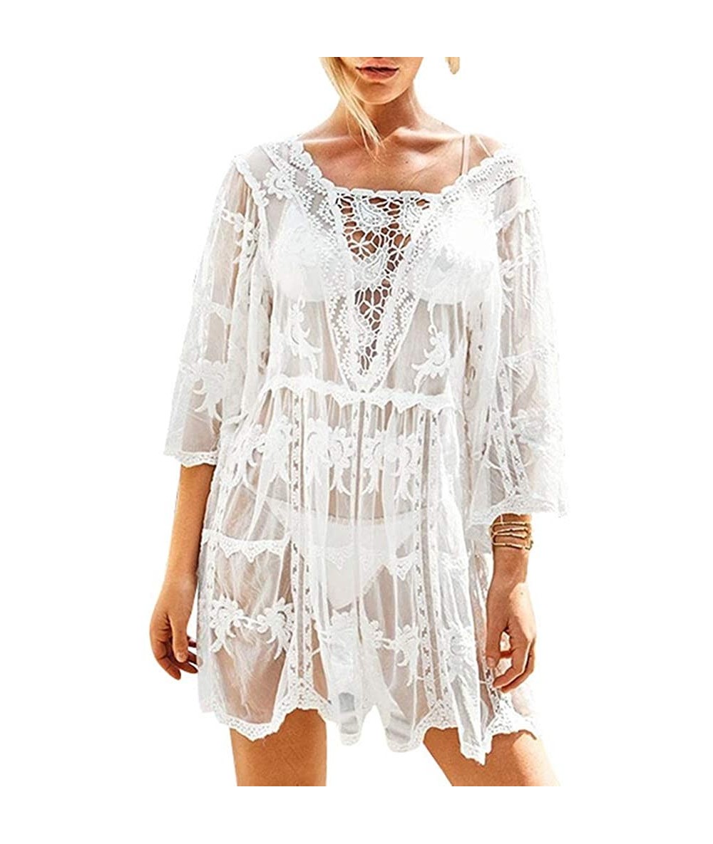 Cover-Ups Women Sexy Sheer Floral Lace Bikini Cover Up Crochet Pullover Loose Beach Dress - CB19E7RQNC4 $29.81