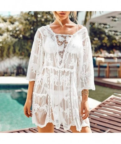 Cover-Ups Women Sexy Sheer Floral Lace Bikini Cover Up Crochet Pullover Loose Beach Dress - CB19E7RQNC4 $29.81