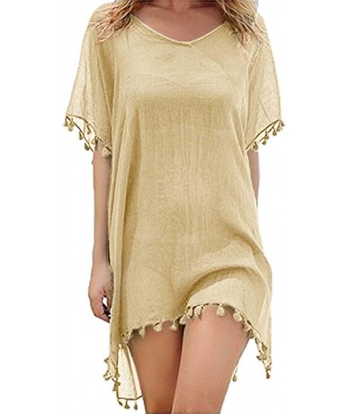 Cover-Ups Women Tassel Chiffon Top Kaftan Swimsuits Mini Beach Dress Cover Ups - Beige - CT19088X5YE $40.66