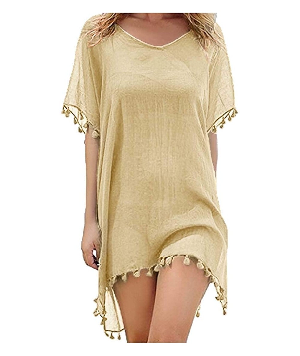 Cover-Ups Women Tassel Chiffon Top Kaftan Swimsuits Mini Beach Dress Cover Ups - Beige - CT19088X5YE $40.66