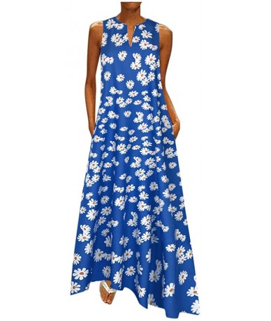 Cover-Ups Women's Sleeveless Long Maxi Dress Boho V Neck Vintage Floral Printed Summer Casual Loose Party Tank Dresses Blue -...