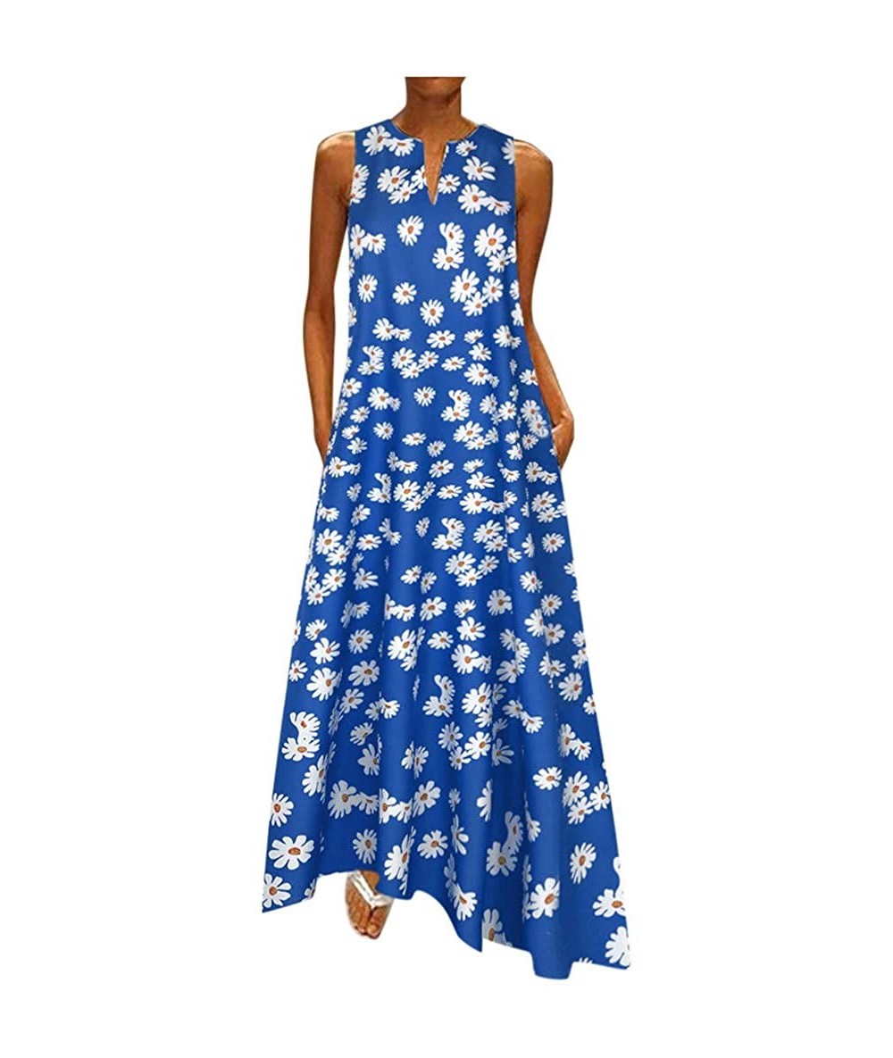 Cover-Ups Women's Sleeveless Long Maxi Dress Boho V Neck Vintage Floral Printed Summer Casual Loose Party Tank Dresses Blue -...