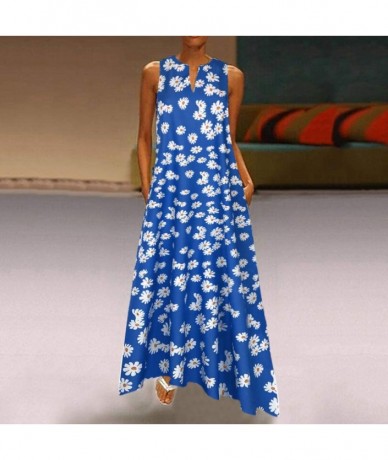 Cover-Ups Women's Sleeveless Long Maxi Dress Boho V Neck Vintage Floral Printed Summer Casual Loose Party Tank Dresses Blue -...