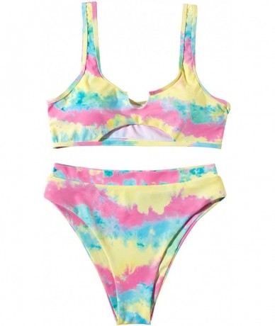 Sets Women Cutout Cheeky High Waisted Tie Dye Sporty 2 Piece Bikini - Yellow - CN199L2DRLA $50.06