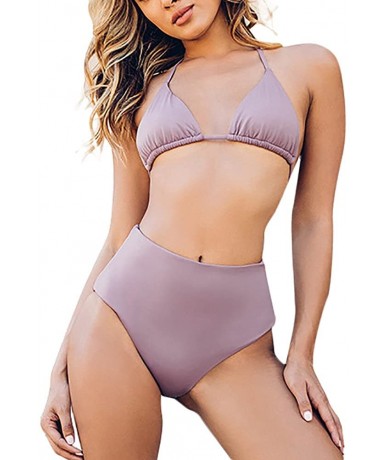 One-Pieces Women's Two Piece Wire Free Triangle Top & Side Tie Bikini Bottoms - Purple Haze - C9184TLZTOK $33.16