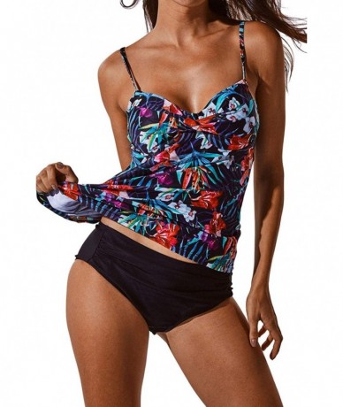 One-Pieces Womens Sexy Tankini Swimsuits with Shorts Floral Print Tummy Control Suits - Hawai Navy - CK18EQRDUZ6 $23.72